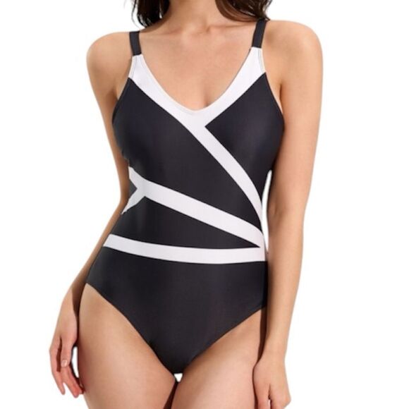 One piece swimsuit Black White V Neck Adjustable Straps Size Medium - Picture 1 of 16